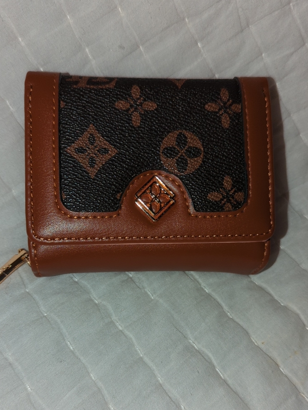 Monogram-Pattern Brown Compact Wallet with Tan Trim